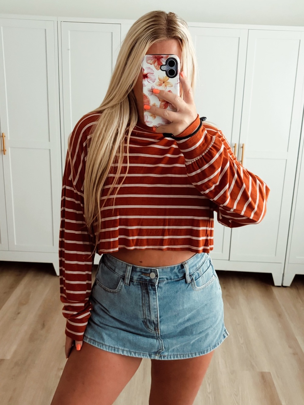Orange and white striped long sleeve crop top